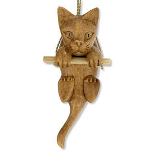 Cat Sculpture - Hand Carved Balines Art Jute Rope - Hang in There Kitten 4.5"